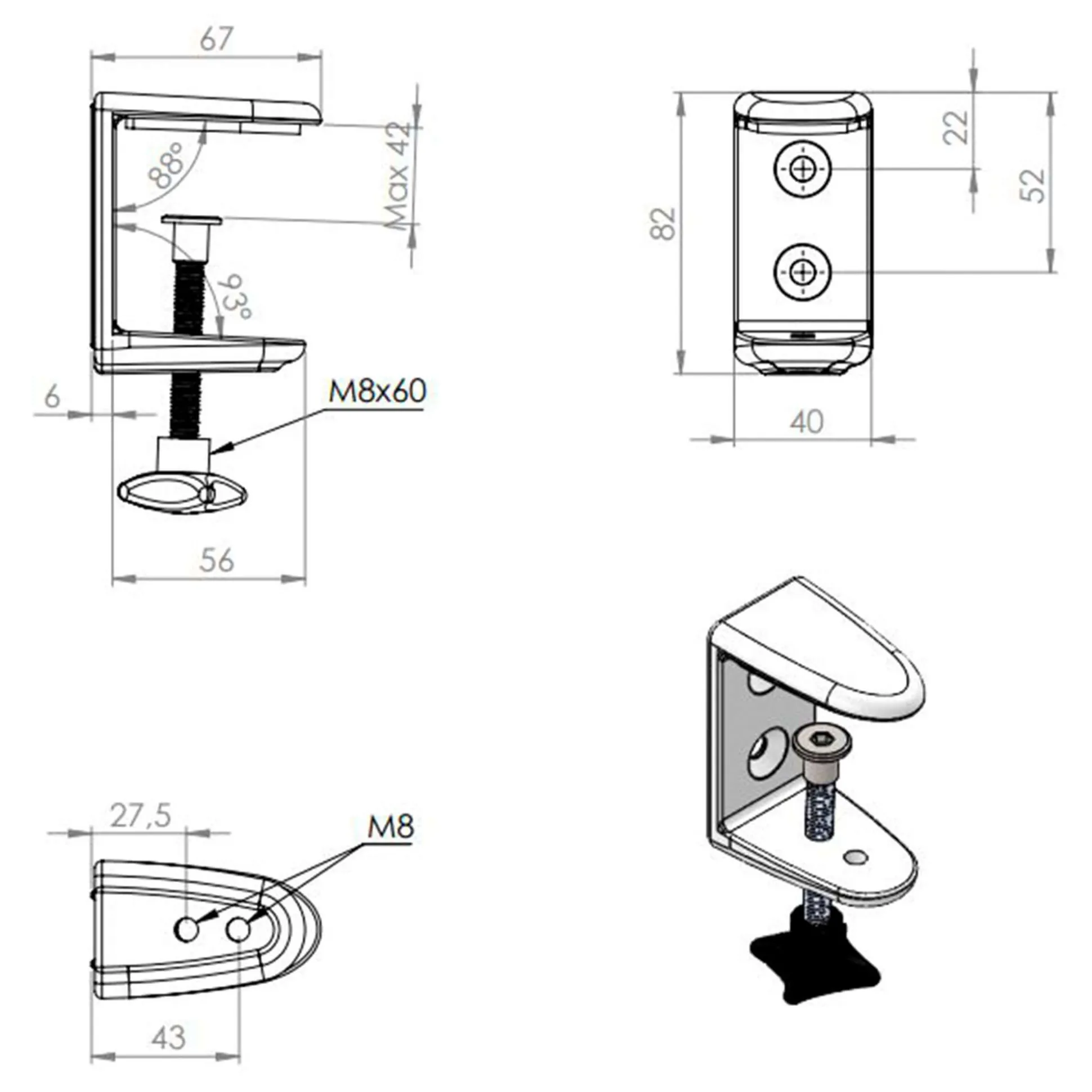 Bordskærm Nordic Light, 160x65h cm.