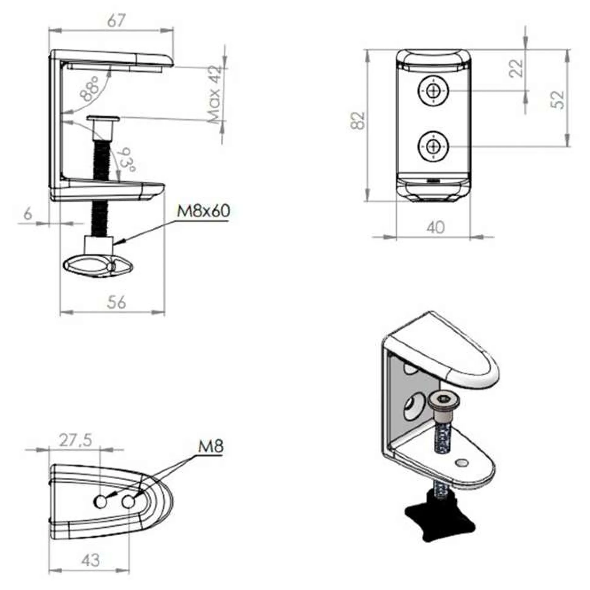 Bordskærm Nordic Light, 160x65h cm.